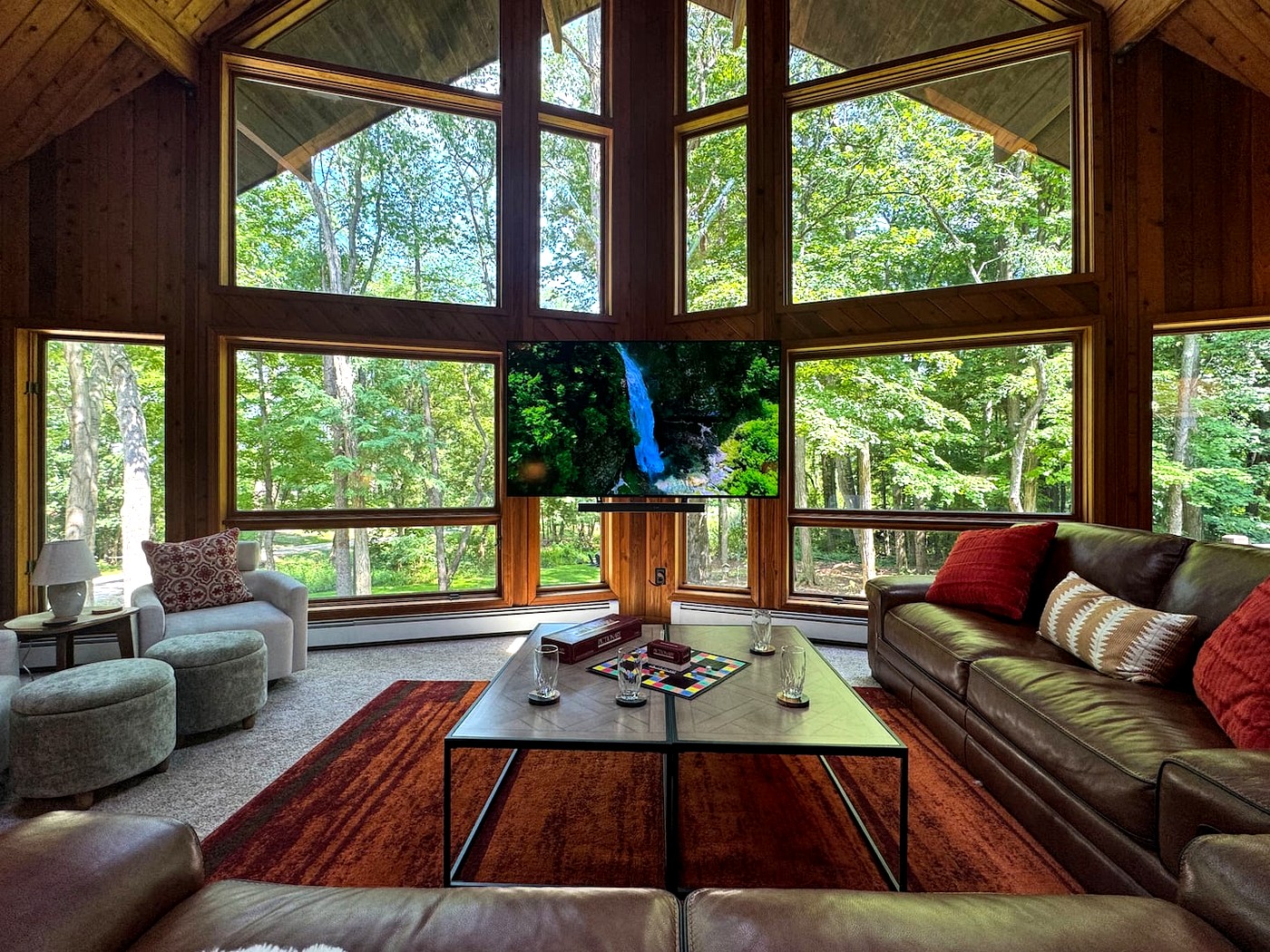 Great room with wooded views